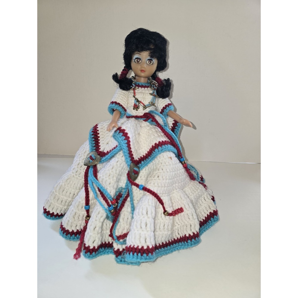 Vintage 12 Inch Fashion Doll Hand Crochet White Turquoise Burgundy Dress Beaded